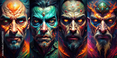 Dark and Sinister Faces Representing Evil Expressions in Abstract Art and Illustrations for Design Use