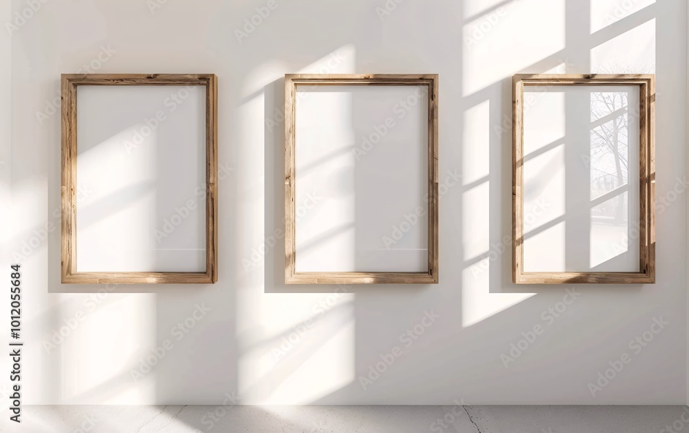 Three wooden frame on white wall frame mockup