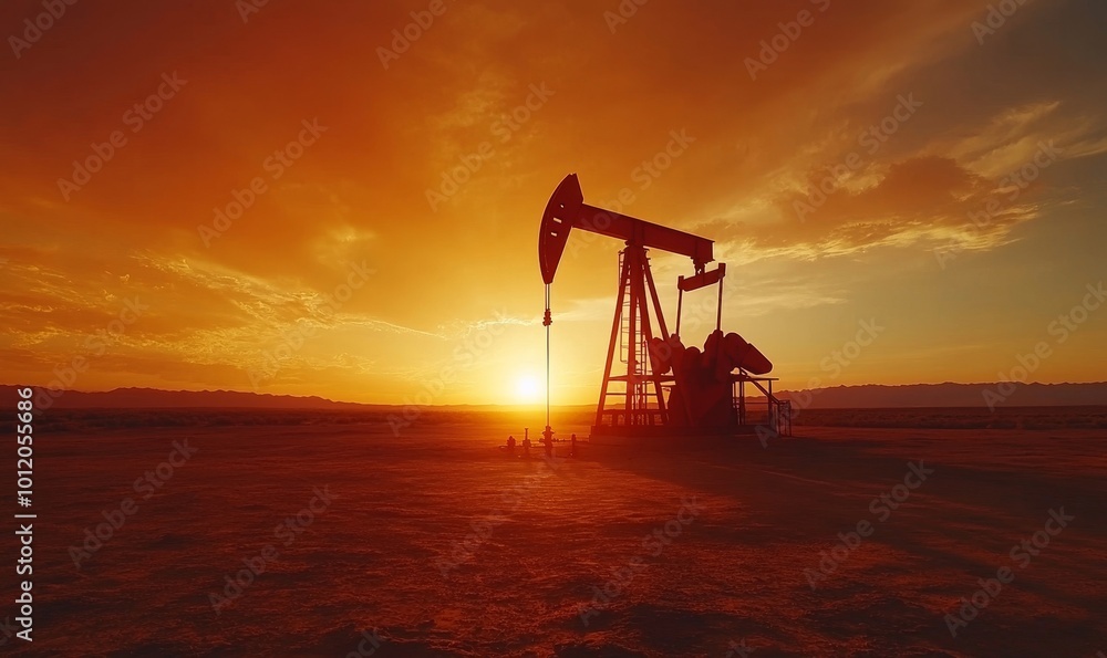Oil drilling derrick, desert oilfield on sunrise. Crude oil production. Dramatic lighting. Petroleum production. Commodities price drop off. Generative AI