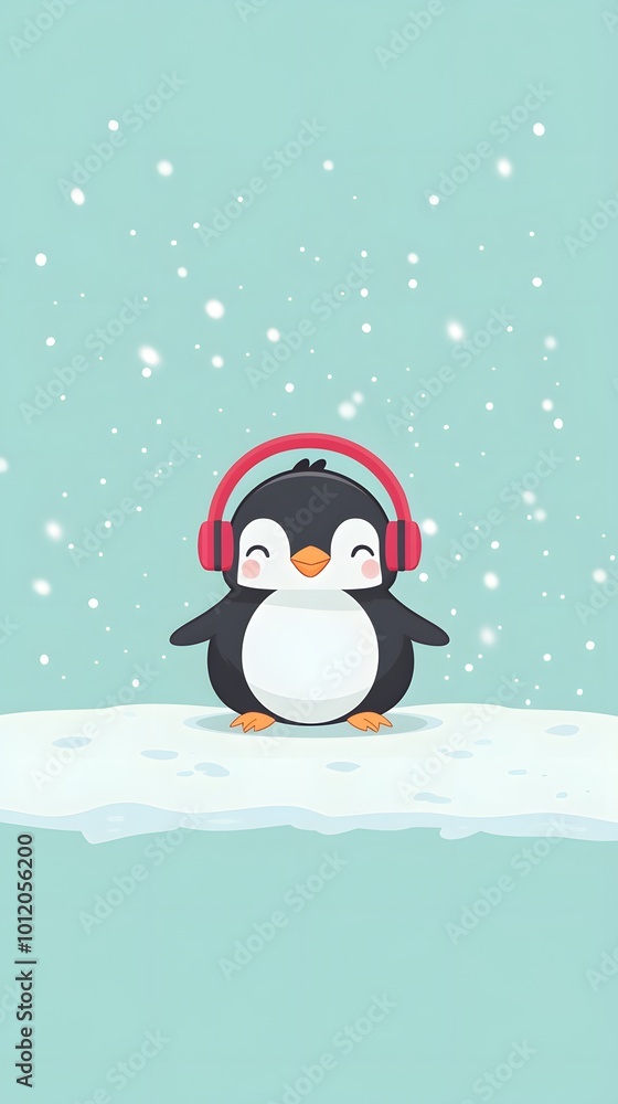 Fototapeta premium Penguin Relaxing on Ice with Headphones