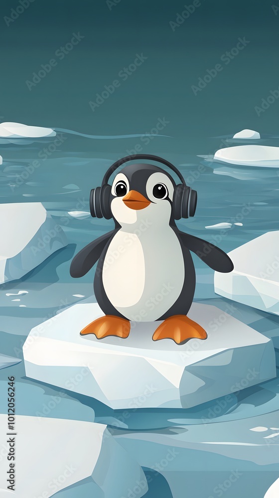 Obraz premium Cool Penguin with Headphones on Ice