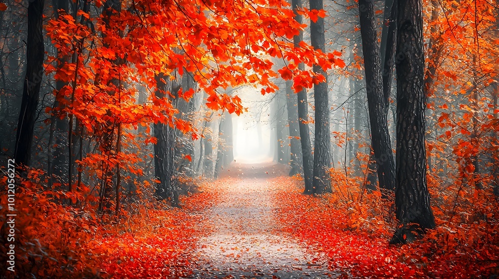 Fototapeta premium Scenic autumn forest pathway with vibrant red leaves.