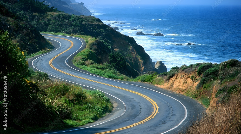Scenic coastal road winding along the ocean and green hillside Scenic coastal road winding along the ocean and green hillside