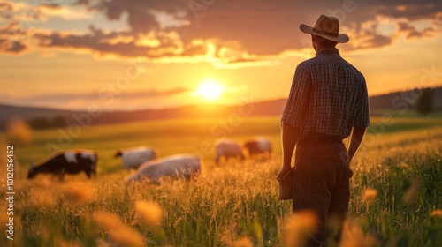 Farmer Silhouetted Against Sunset