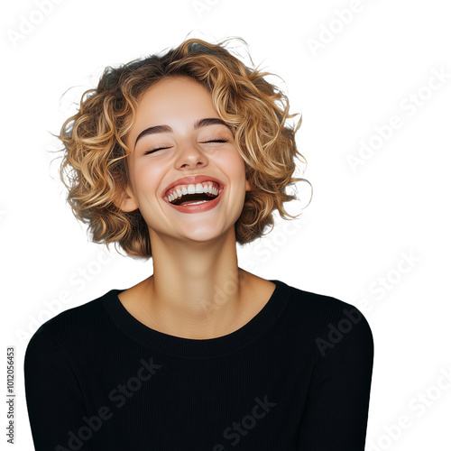 Woman with curly blonde hair wearing black top laughing on transparent background