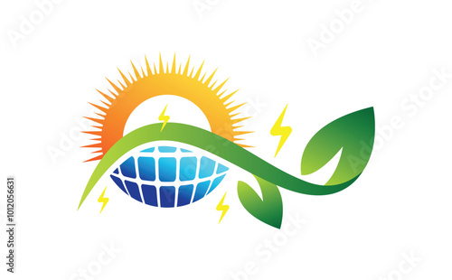 Solar Energy Logo with Sun, panels, Earth, and Leaves for Sustainable Living. solar logo, green energy concept, vector illustration