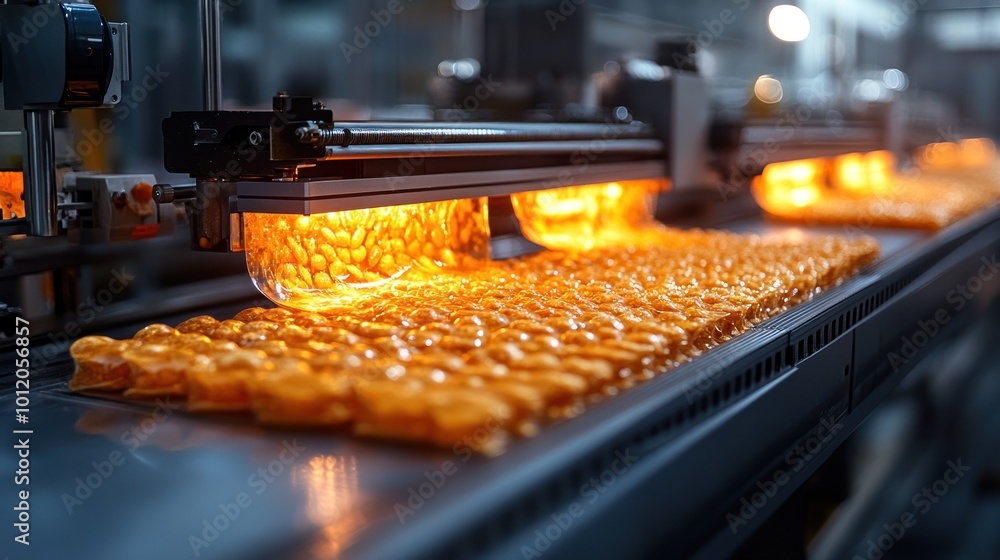 Close-up of a conveyor belt carrying rows of orange candy being heated by lamps in a factory. Close-up of a conveyor belt carrying rows of orange candy being heated by lamps in a factory.