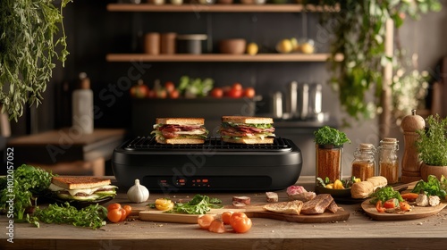 Modern Grill Maker with Sandwiches and Ingredients on Wooden Table. AI generated illustration