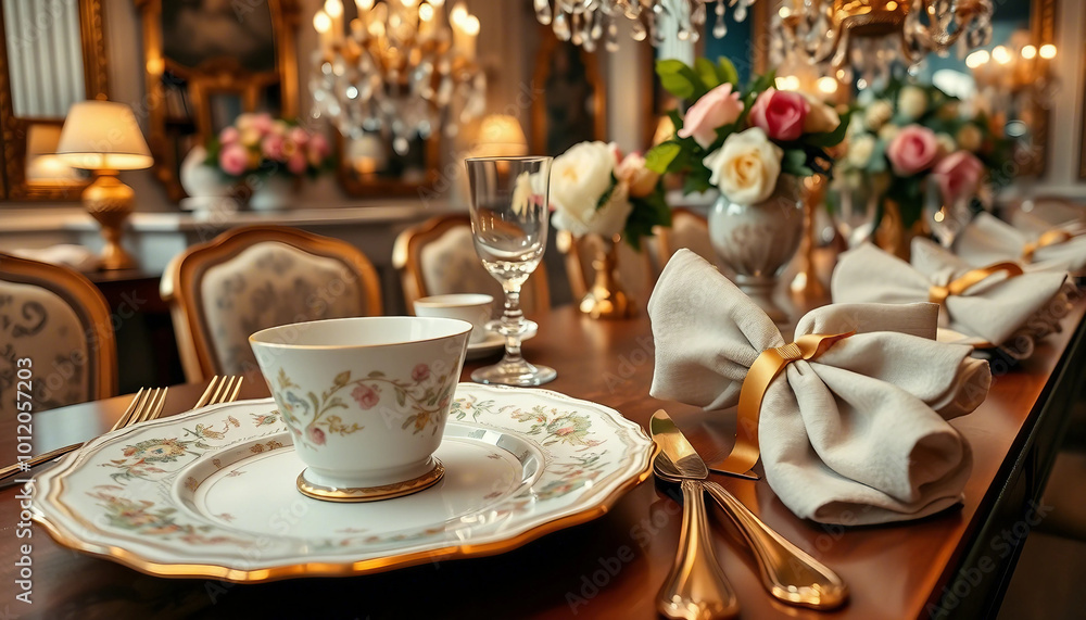 A luxurious dining room table set with fine china, gold cutlery, and ornate pink and white roses, creating an elegant atmosphere. Perfect for weddings or special occasions.
A luxurious dining room table set with fine china, gold cutlery, and ornate pink and white roses, creating an elegant atmosphere. Perfect for weddings or special occasions.