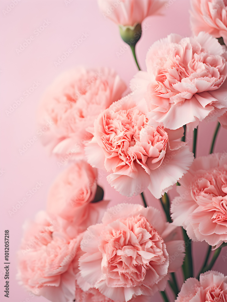 Obraz premium Close up of soft pink carnations flowers on pastel pink background