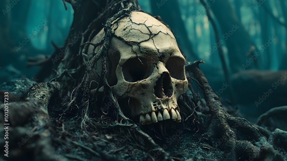 Skull resting in forest with roots, eerie and mysterious ambiance. Skull resting in forest with roots, eerie and mysterious ambiance.