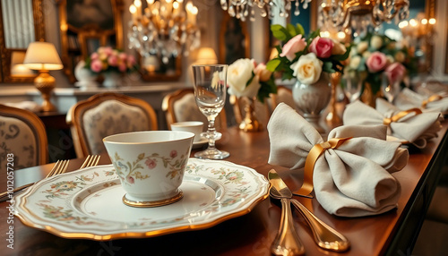 A luxurious dining room table set with fine china, gold cutlery, and ornate pink and white roses, creating an elegant atmosphere. Perfect for weddings or special occasions.