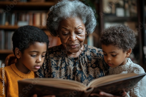 Portrait of senior Black woman with two children looking at photo album together and teaching family history, Generative AI