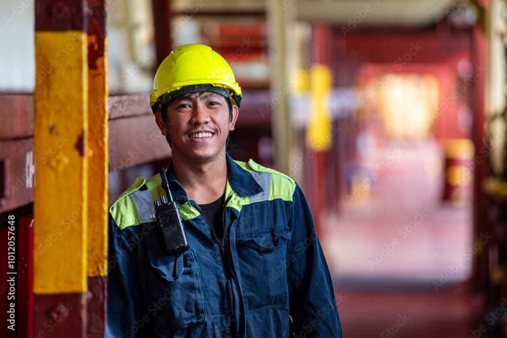 A smiling deck crew member, standing on the deck of a merchant ship in his work gear and helmet. Despite the isolation of life at sea, his expression reflects resilience and positivity. A smiling deck crew member, standing on the deck of a merchant ship in his work gear and helmet. Despite the isolation of life at sea, his expression reflects resilience and positivity.