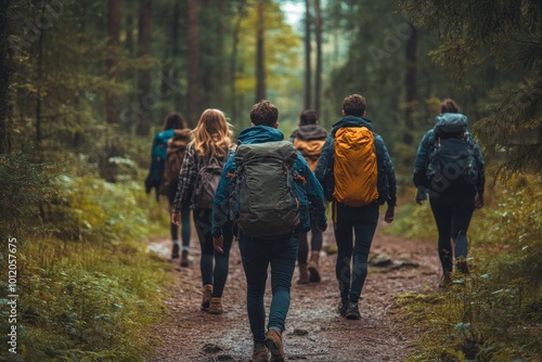 Group of friends walking along the path in the forest and looking around enjoying the nature, Generative AI