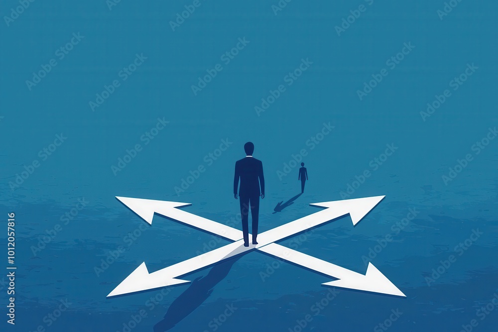 Person standing at a crossroads with three arrows symbolizing decision making and direction in an abstract concept of choices and future pathways Person standing at a crossroads with three arrows symbolizing decision making and direction in an abstract concept of choices and future pathways
