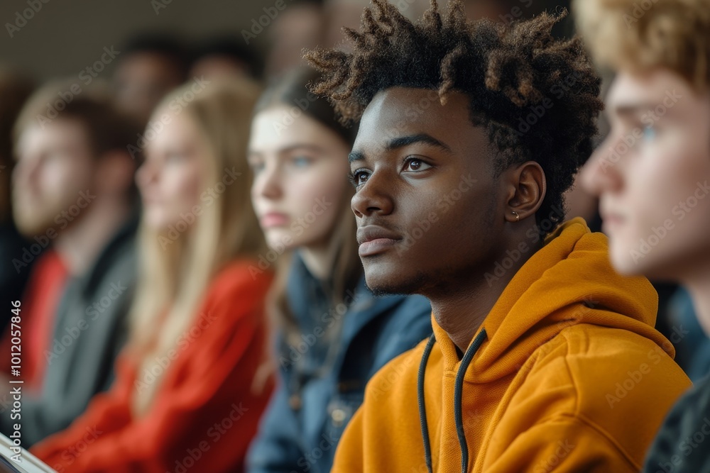 Diverse group of students taking notes in row during lecture in college or university, copy space, Generative AI Diverse group of students taking notes in row during lecture in college or university, copy space, Generative AI