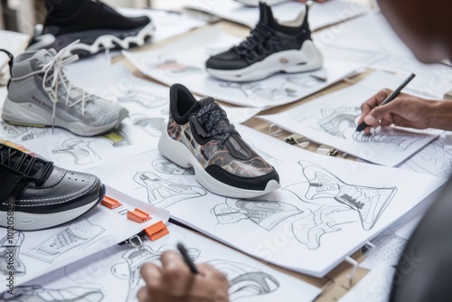 A designer sketches innovative footwear concepts at a creative workspace with various sneaker prototypes and design materials around photo