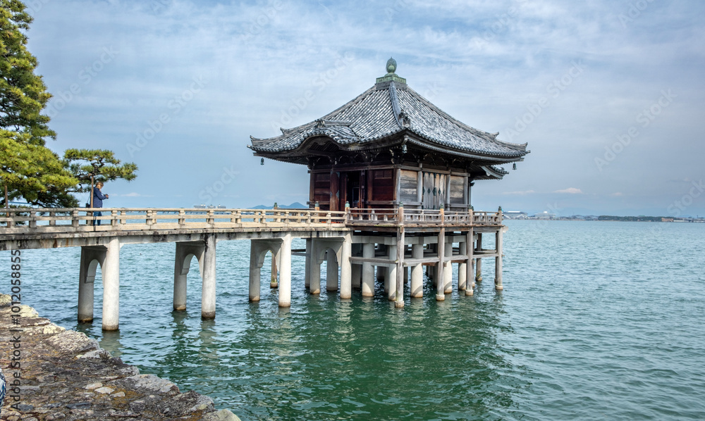 Ukimido temple hall floating on Lake Biwa, belonging to Mangetsu-ji Buddhist temple in Otsu city, Japan Ukimido temple hall floating on Lake Biwa, belonging to Mangetsu-ji Buddhist temple in Otsu city, Japan