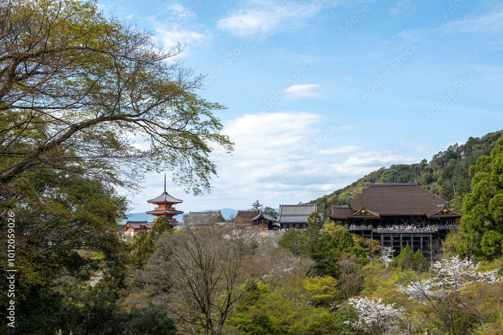Kiyomizu dera Temple and Sanjunoto pagoda in the Spring season, blue cloudy sky, Japan Kyoto. Kiyomizu dera Temple and Sanjunoto pagoda in the Spring season, blue cloudy sky, Japan Kyoto.
