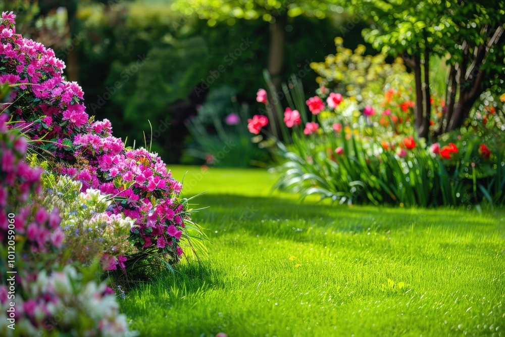 Obraz premium A lush green garden with a path leading through it, generative ai image