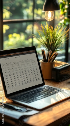 Vertical shot of online calendar page on laptop screen for schedule planning. Personal and business organizer, copy space, Generative AI