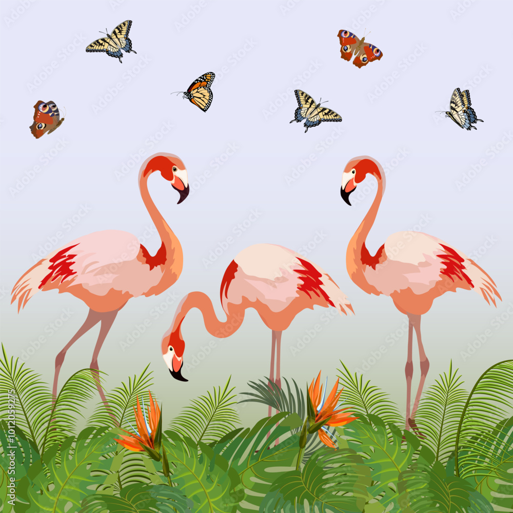 Obraz premium Illustration with butterflies and flamingos.Pink flamingos, butterflies and palm leaves in color vector illustration.
