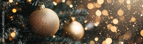 Decorative christmas white balls on a tree with bokeh in the background, shallow depth of field, new year decor, merry christmas