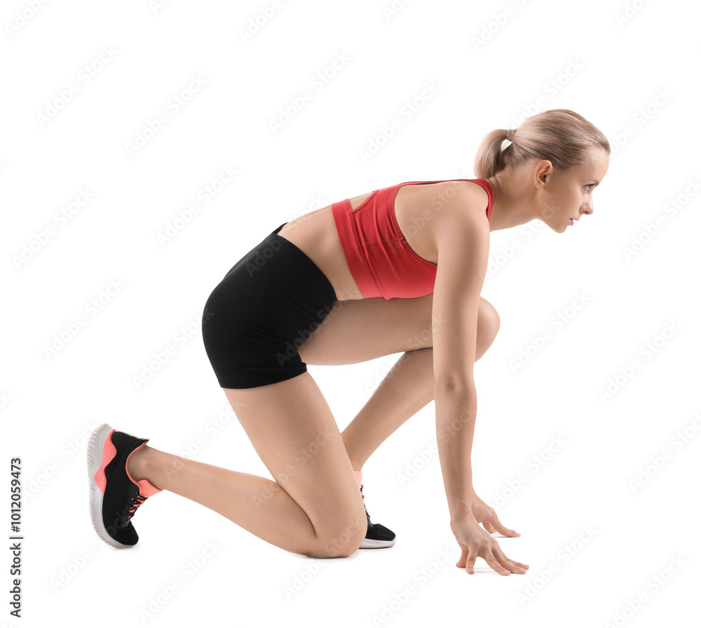 Obraz premium Runner in starting position on white background