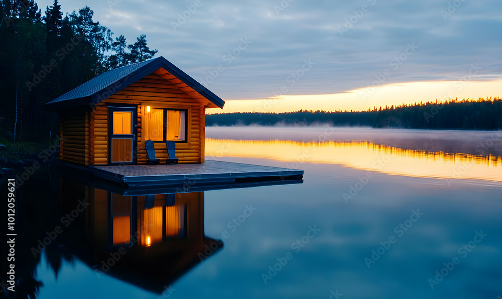 Obraz premium Tranquil Lakeside Cabin at Sunrise, a serene retreat by the water, soft morning light reflecting on still waters, surrounded by gentle nature.