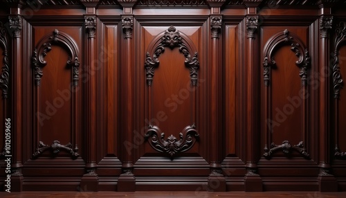 Ornate wooden paneling with rich carvings, luxurious vintage interior detail