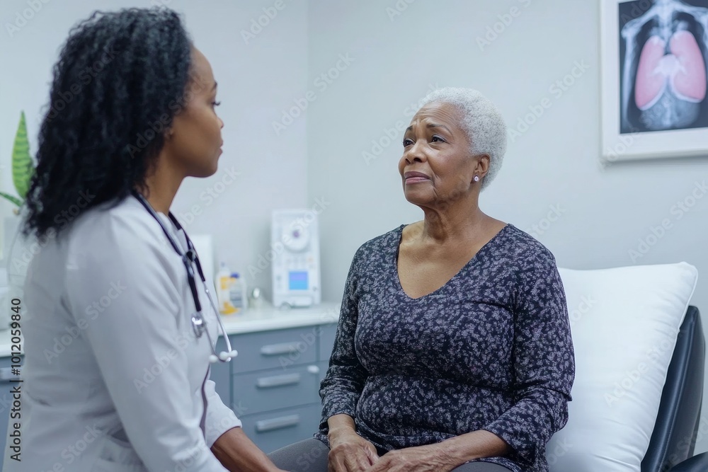 Obraz premium Side view of senior Black woman sitting on therapy bed in medical office breathing out while female health practitioner listening to lung sounds, Generative AI
