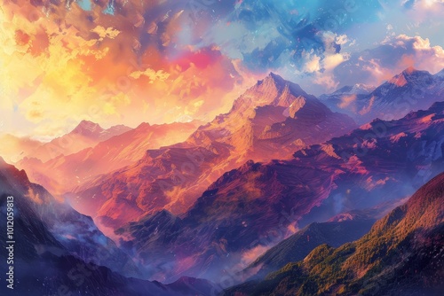 Stunning sunset over majestic mountains with vibrant colors illuminating the landscape in a serene valley at dusk