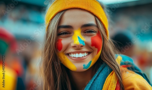 Smiling fan with face paint at a stadium, Generative AI