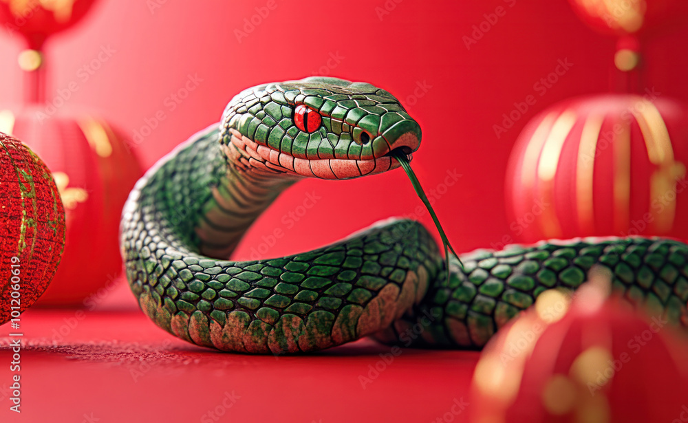 Green snake on red background with red lanterns in style of chinese new year 2025 Green snake on red background with red lanterns in style of chinese new year 2025