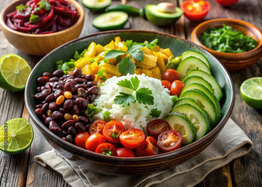 Delicious and colorful burrito bowl with rice, beans, vegetables, and toppings served in a bowl Delicious and colorful burrito bowl with rice, beans, vegetables, and toppings served in a bowl