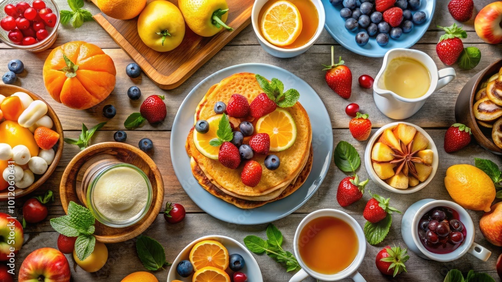 Delicious and Colorful Breakfast Spread Featuring Pancakes, Fruits, Eggs, and Fresh Juice on Table Delicious and Colorful Breakfast Spread Featuring Pancakes, Fruits, Eggs, and Fresh Juice on Table