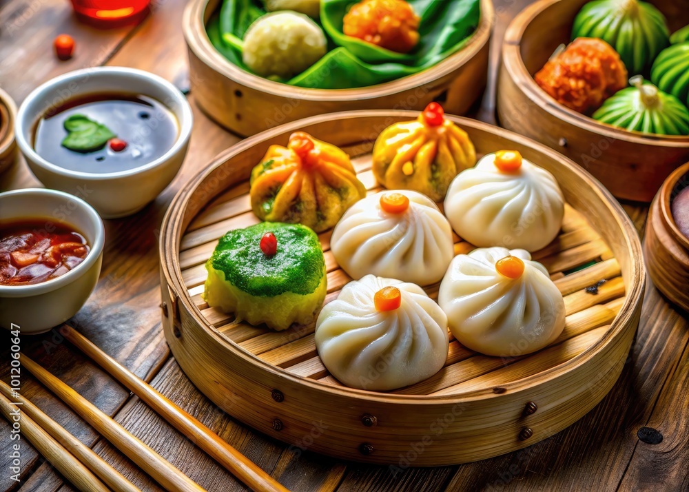 Delicious and Colorful Dim Sum Platter with Steamed Dumplings, Buns and Sauces on Wooden Table Delicious and Colorful Dim Sum Platter with Steamed Dumplings, Buns and Sauces on Wooden Table