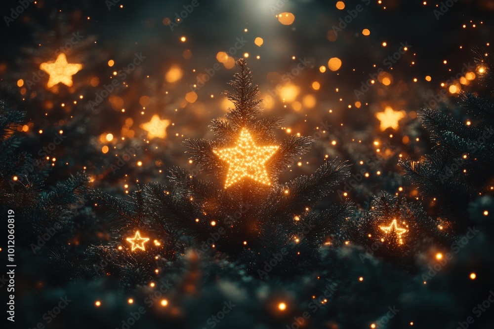 A glowing, star-shaped ornament hangs on a Christmas tree branch, surrounded by other lights and a bokeh background. A glowing, star-shaped ornament hangs on a Christmas tree branch, surrounded by other lights and a bokeh background.