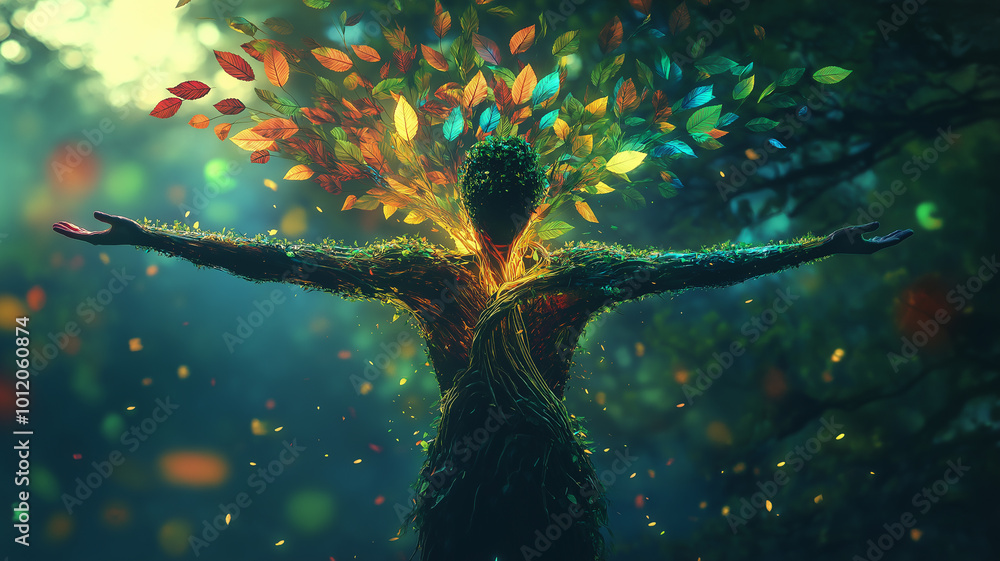 Human Tree. A figure standing with arms spread morphing into a tree ...