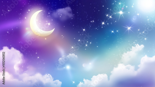 Magical sky with crescent moon and radiant sun for celestial-themed designs