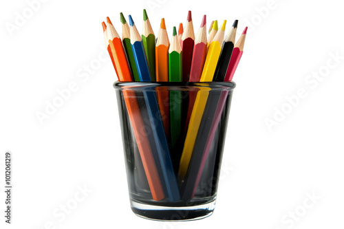 Multicolored pencils in a glass on a transparent background