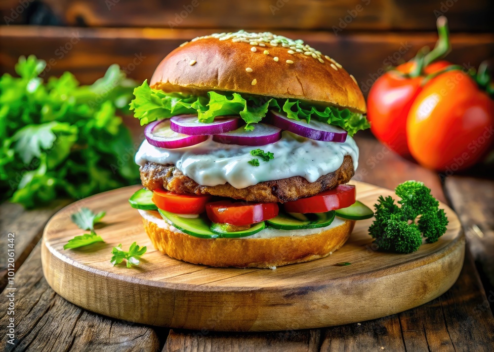 Delicious Burger Topped with Fresh Tzatziki Sauce and Garnished with Vegetables on a Wooden Board Delicious Burger Topped with Fresh Tzatziki Sauce and Garnished with Vegetables on a Wooden Board