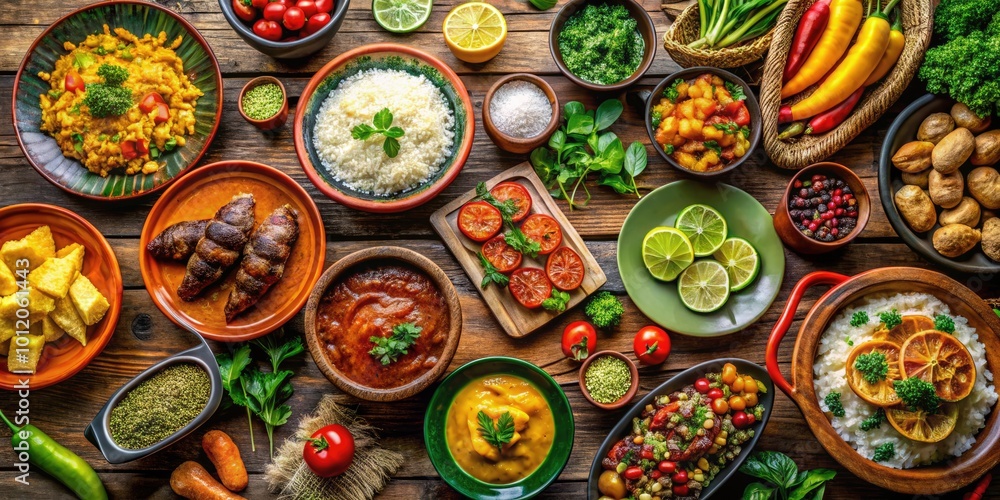 Delicious Brazilian Cuisine Displayed on a Colorful Table with Traditional Dishes and Ingredients Delicious Brazilian Cuisine Displayed on a Colorful Table with Traditional Dishes and Ingredients