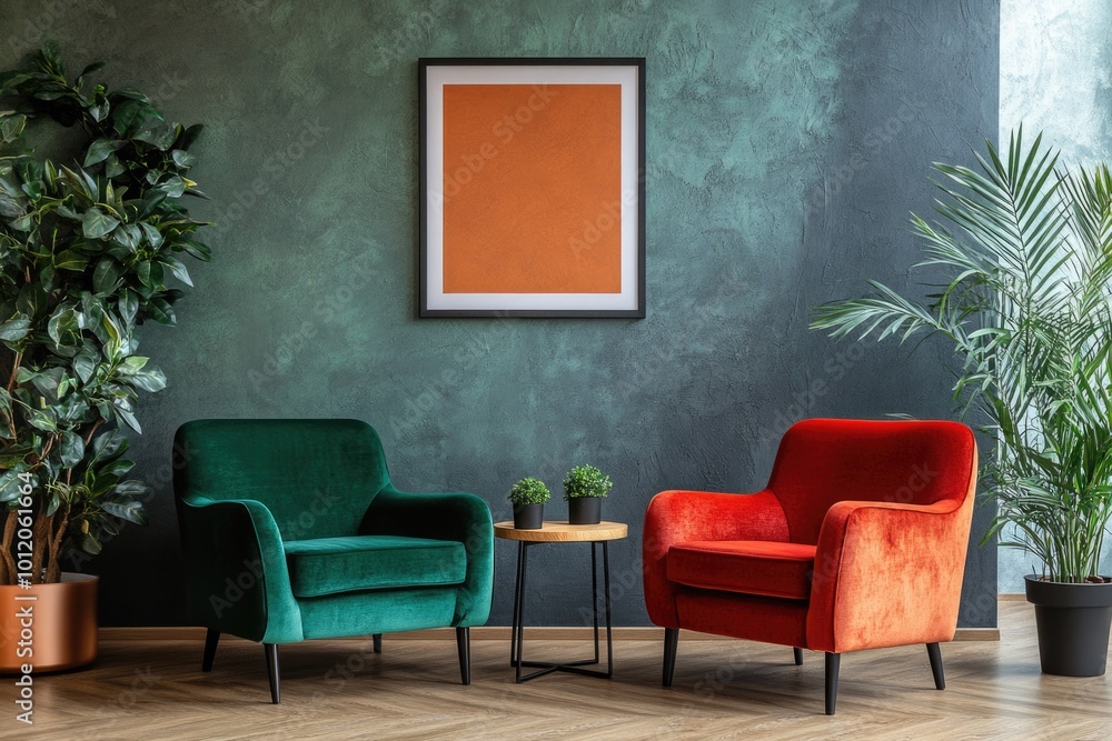 Serenity Lounge: Modern Living Room Interior with Sofa, Armchair, and Decorative Frame Serenity Lounge: Modern Living Room Interior with Sofa, Armchair, and Decorative Frame