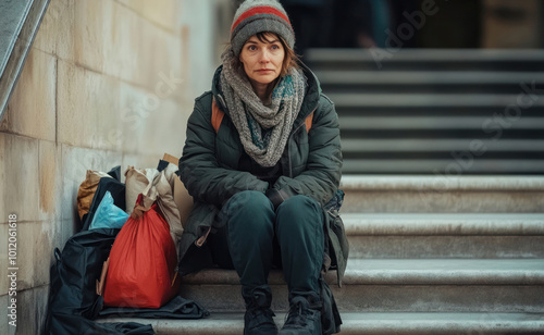 Wallpaper Mural Homeless woman sitting with her belongings on the steps of an old building, her face reflecting hardship and resilience Torontodigital.ca