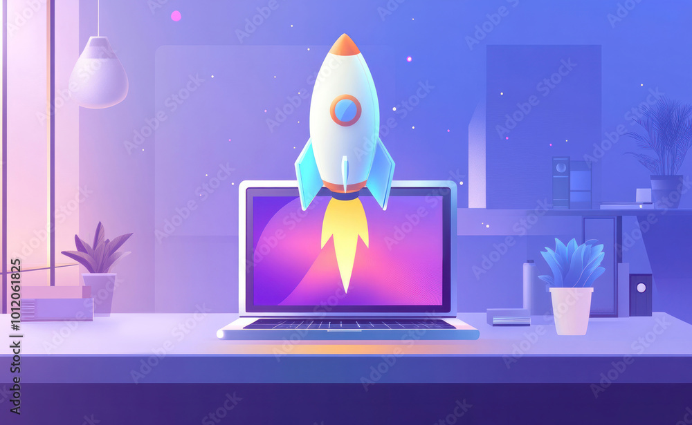 Rocket launch from laptop on office table to fly up in air. Business startup new idea project development, internet marketing strategy growth, future product progress on a website, speed power boost Rocket launch from laptop on office table to fly up in air. Business startup new idea project development, internet marketing strategy growth, future product progress on a website, speed power boost