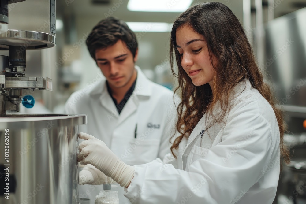 Two workers wearing lab coats operating equipment at food factory, Generative AI Two workers wearing lab coats operating equipment at food factory, Generative AI