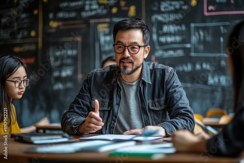 Young confident teacher of Chinese language pointing at paper while explaining student new subject point during individual lesson, Generative AI