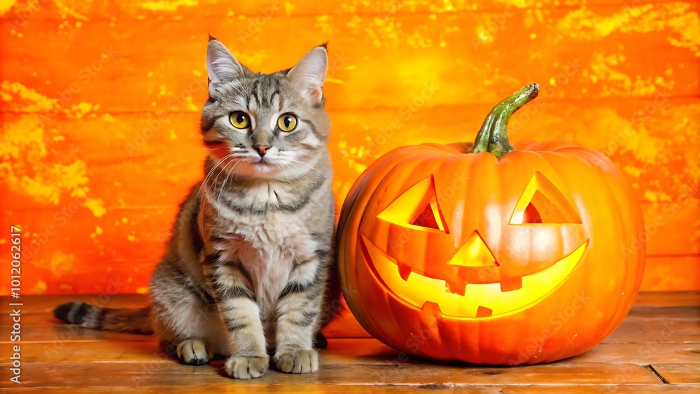 Halloween card features a cat and a pumpkin on an orange background.AI GENERATED Halloween card features a cat and a pumpkin on an orange background.AI GENERATED
